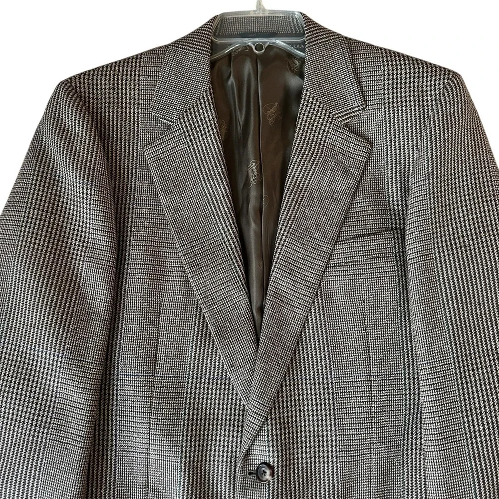 VTG Marvin Brown Dallas Canterbury Wool Silk Blazer Jacket 41L Brown Houndstooth